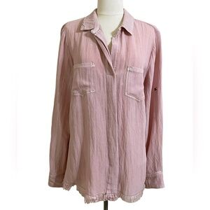 UMGEE Women’s Acid Wash Soft Pink Button-down Tunic Shirt Raw Hem Small